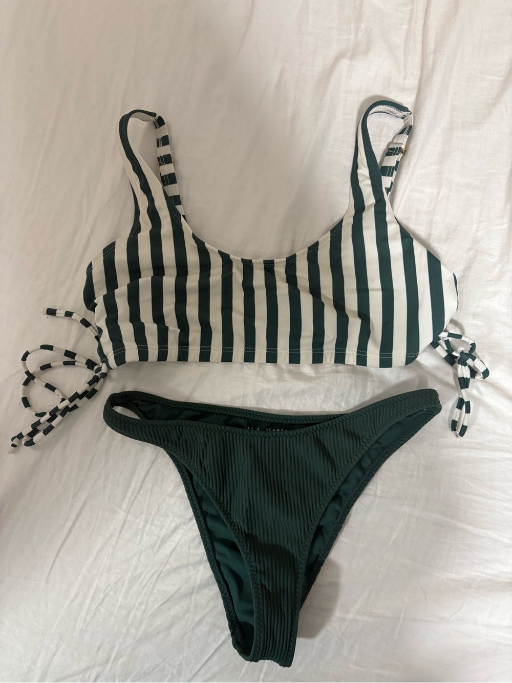 La Hearts Green & White Striped Bikini Top with Tie Detail